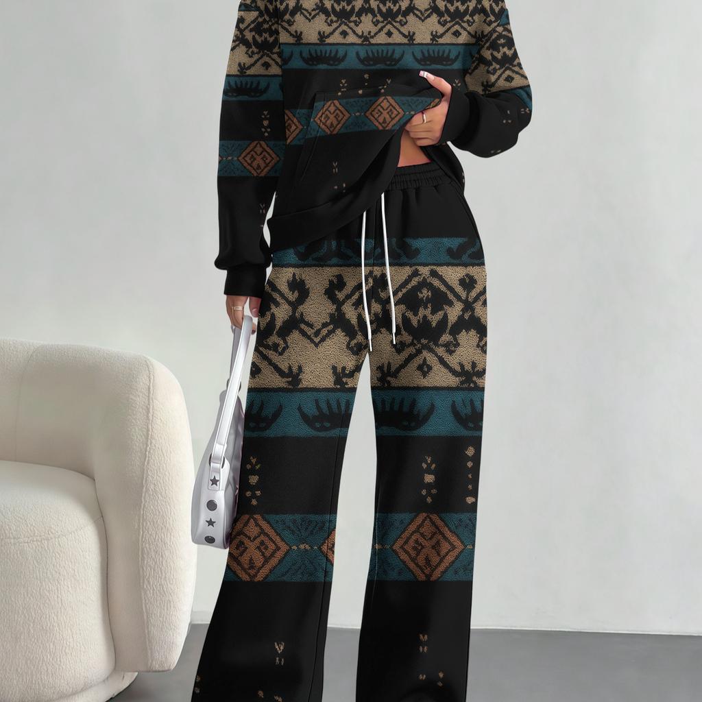 European And American Autumn And Winter Casual Long-Sleeved Suit Women'S Bohemian Hooded Sweater Trousers Two-Piece Set