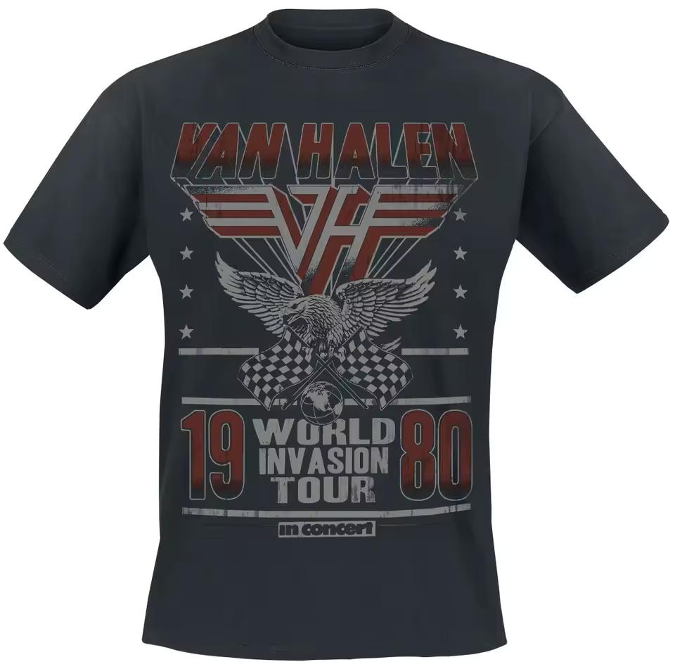 Van Halen 1980 World Invasion Tour Tee, Hard Rock T-Shirt with Eagle & Racing Flag Print, Van Halen Fan Merch