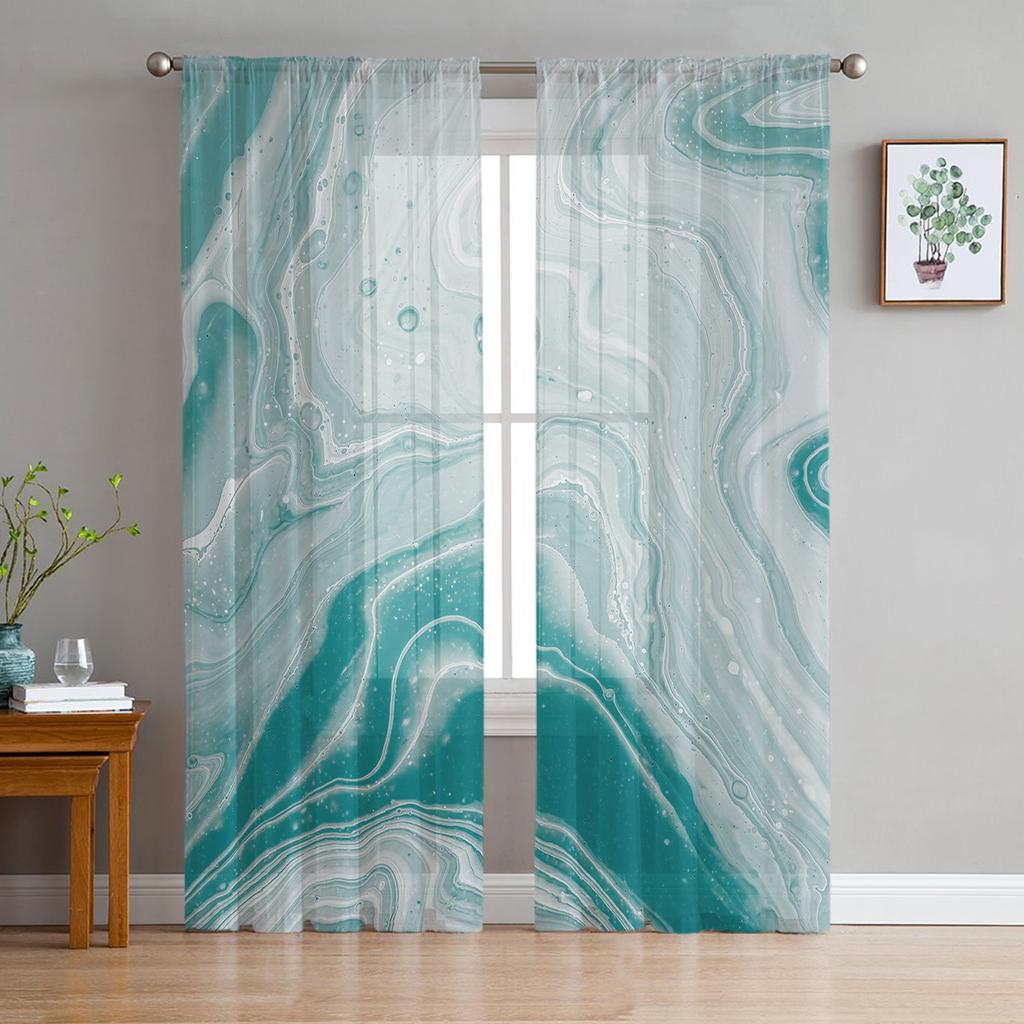 Marble Texture Turquoise Sheer Curtains for Living Room Decoration Window Curtains for Kitchen Tulle Voile Organza Curtains