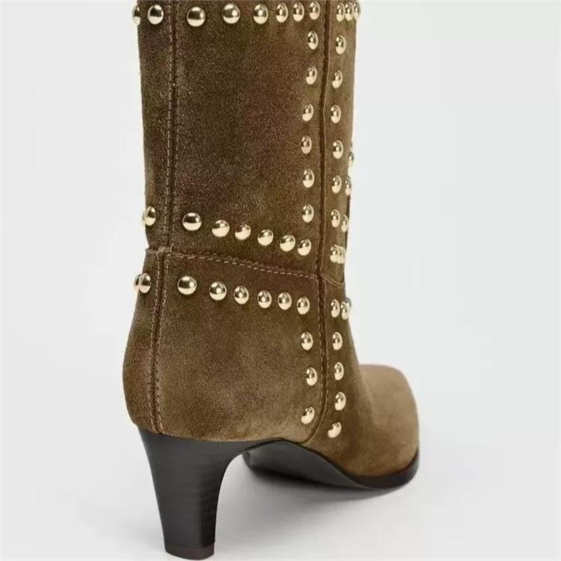 Fashion Fashion Women Boots Autumn Winter Women Shoes Brown Pointed Rivets Short Boots Suede Western Cowboy Ankle Boots Botas Para Mujer