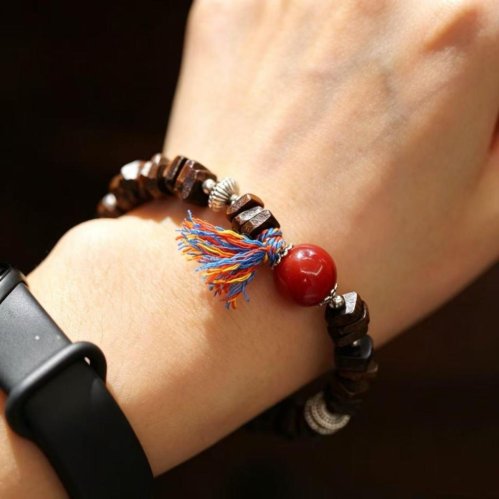 Exquisite Carved Agarwood, Imitation Beeswax, Cinnabar, and Purple Gold Sand Bracelet for Women