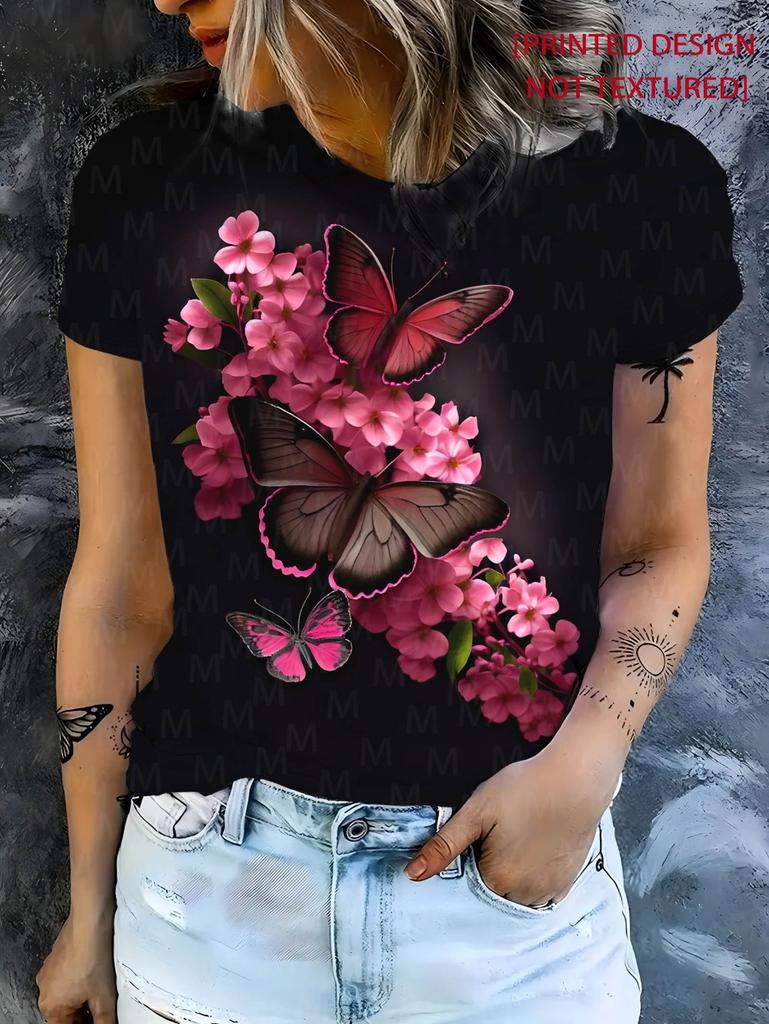 Dragonfly Butterfly Printed Women's T-Shirt for Spring and Summer Round Neck Fashionable Casual Short Sleeved Top Women Clothing