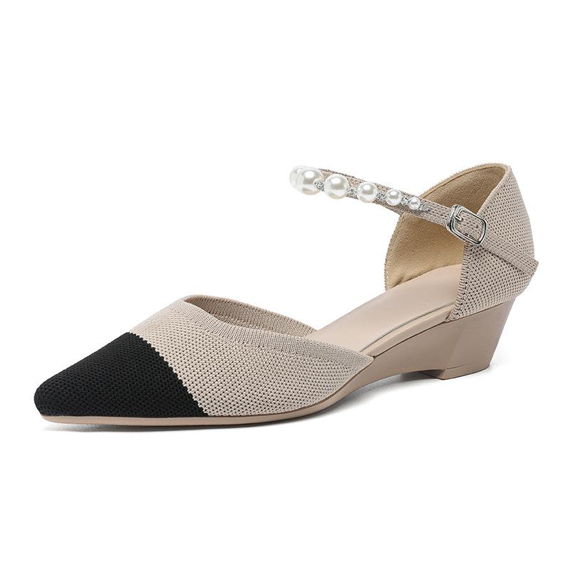 Женские весенние туфли на каблуках с острым носком, повседневные туфли с неглубокой горловиной и полой пряжкой, однотонные туфли с жемчужным принтом, размеры 34-40