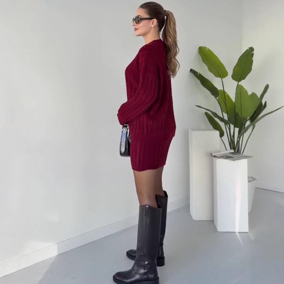 Autumn 2025 Round Neck Knit Sweater and Bodycon Skirt Set for Women