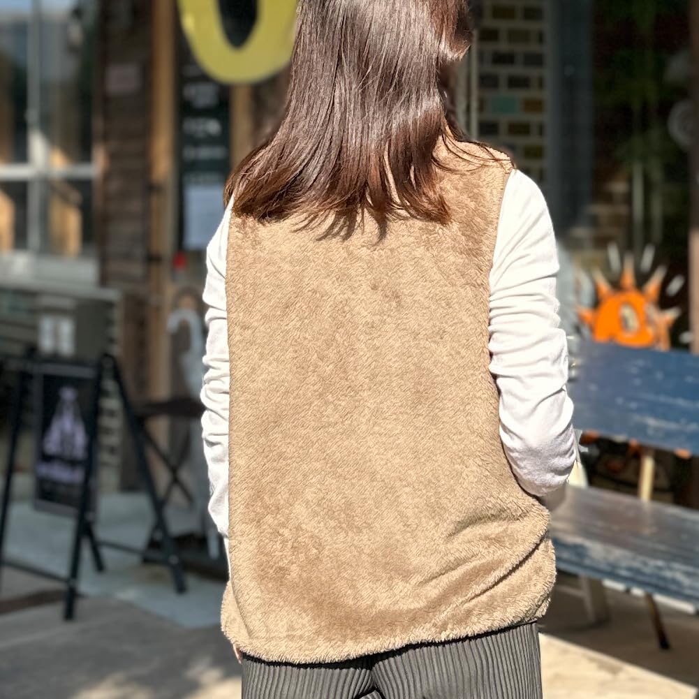 Logo Spark Women's Lined Shaggy Boa Vest, Size M, Khaki, Size 46