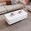Coffee Table Golden Handles with Two Drawers Large Storage Space Curved Corners Wavy Side Storing MDF Rectangle Shape Tea Table Home