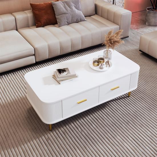 Coffee Table Golden Handles with Two Drawers Large Storage Space Curved Corners Wavy Side Storing MDF Rectangle Shape Tea Table Home