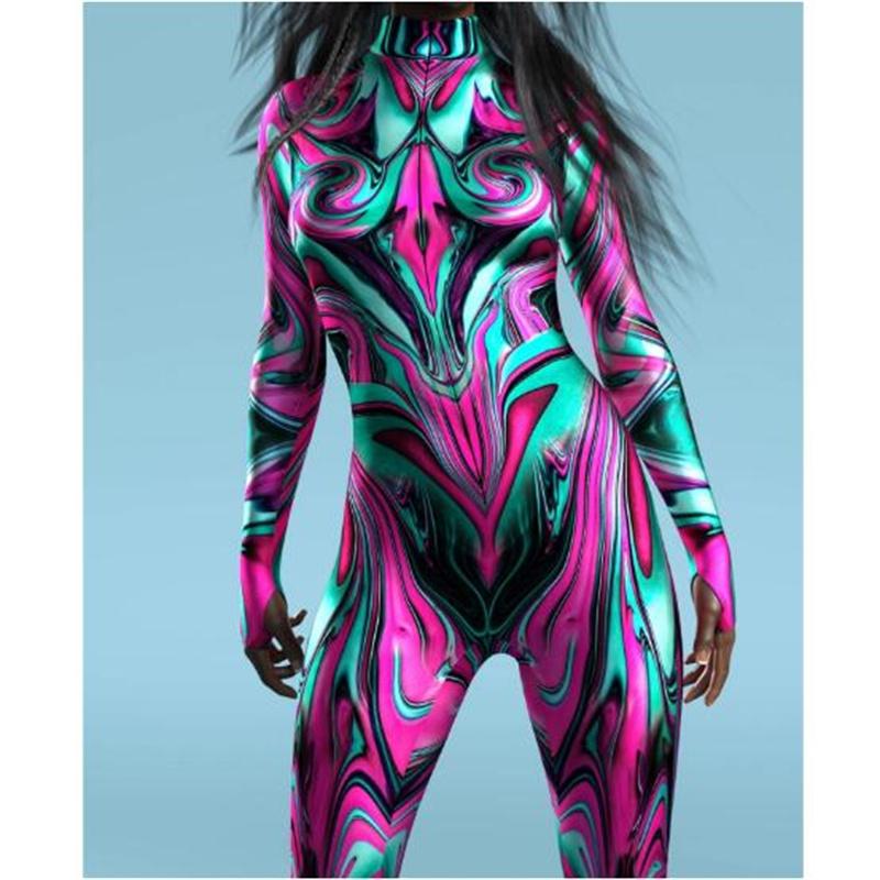 Новый Хэллоуин вечеринка абстрактная геометрия 3D принт женский сексуальный обтягивающий комбинезон карнавальные костюмы косплей нарядное боди 2024