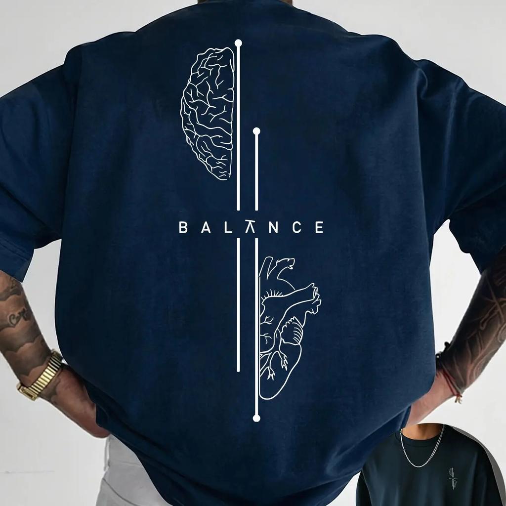 Casual T-shirt "Brain Heart Balance" Graphic Tees Streetwear Cotton Short Sleeve Tops Summer