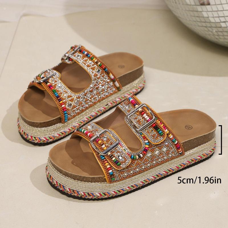 Summer New Thick-soled Hemp Rope Double-buckle Rhinestone Cork Beach Slippers Large Size Colored Women's Shoes