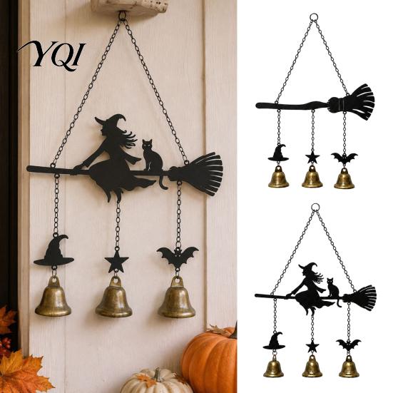 Festive Wind Chime Halloween Witch Broom Chime, Holiday Party Decorative Hanging Bell Metal for Indoor Outdoor Garden Patio Porch
