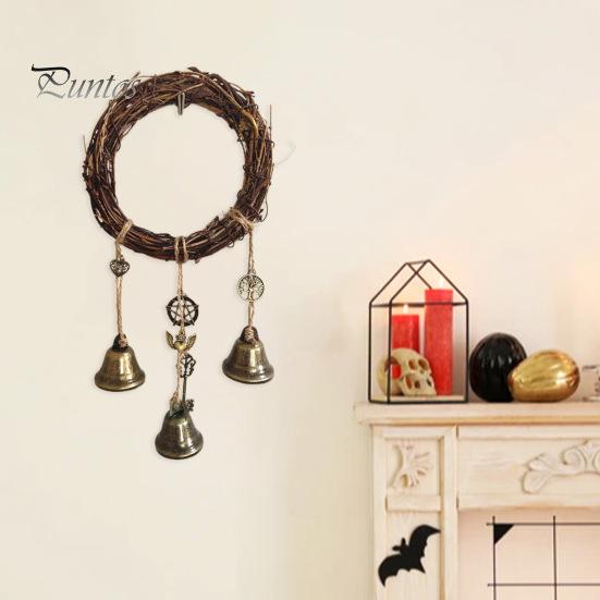 Door Knob Witch Bell Home Protection Handmade Hanging Brass Bell Wishing Bottle Rattan Wreath Witchcraft Door Hanger Wicca Wind Chime Decoration