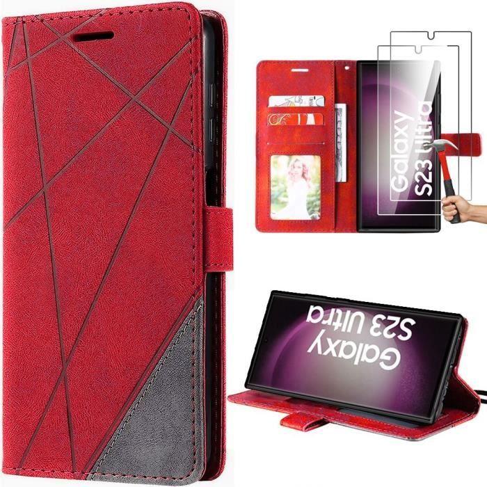 Coque de protection - BOOLING - pour Samsung Galaxy S23 Ultra - Cuir PU Rouge - Antichoc - Porte-cartes et Support