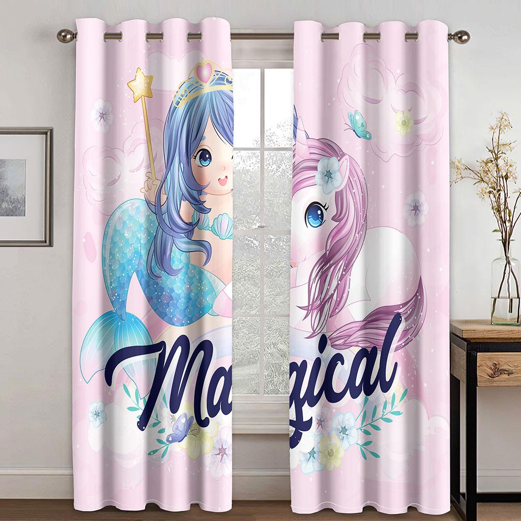 Cartoon Cute Colorful Unicorn Horse Cloud Window Curtains Blinds for Living Room Kids Bedroom Kitchen Door Home Decor 2Pieces