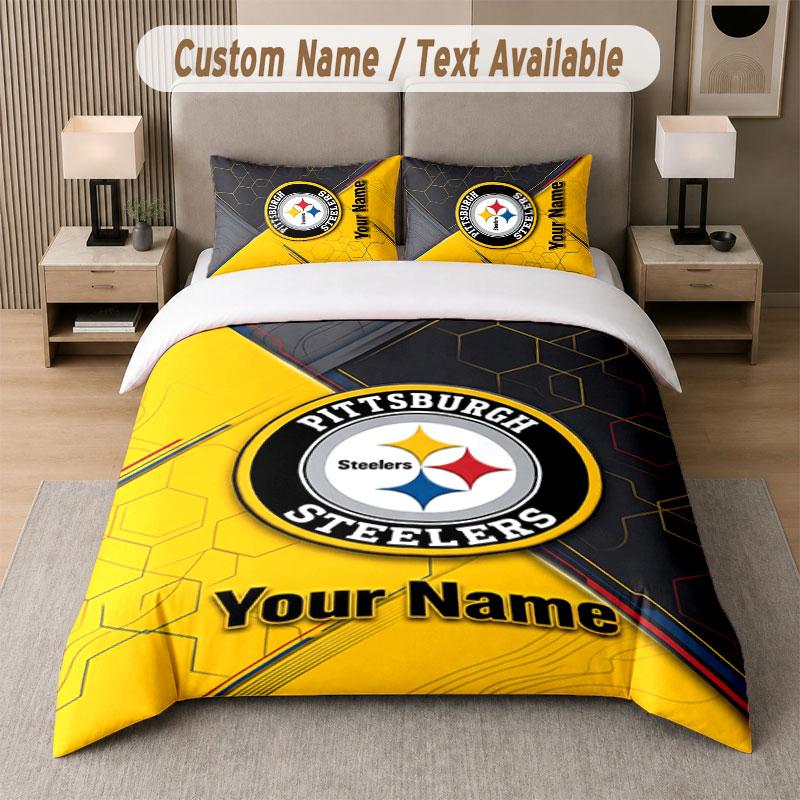 Custom Bedding Set Pittsburgh Steelers Pattern, Print Name Text 1 Duvet Cover plus 2 Pillowcases Home Textile