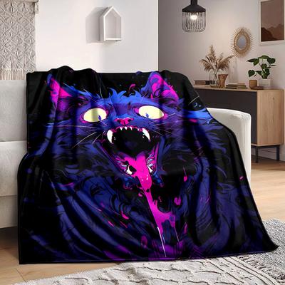 1 шт. Неоновый Котёнок "Фиолетовое Мурлыканье" Плед, Легкий Фланелевый Плед для Дивана, Кровати, Путешествий, Кемпинга, Гостиной, Офиса, Дивана, Кресла и Кровати