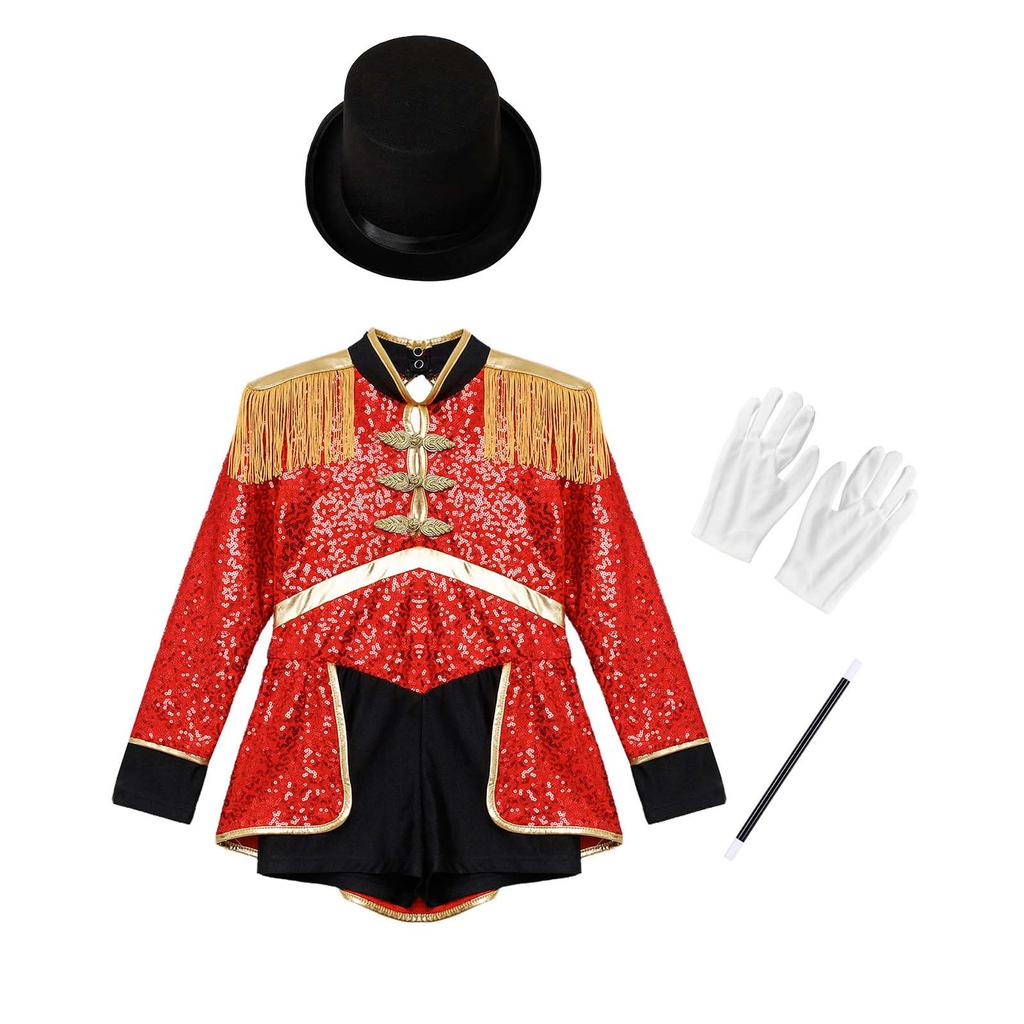 4Pcs Kids Girls Ringmaster Circus Magician Drummer Cosplay Costume Sequins Bodysuit with Hat Gloves Wand Set Halloween Circus Costume