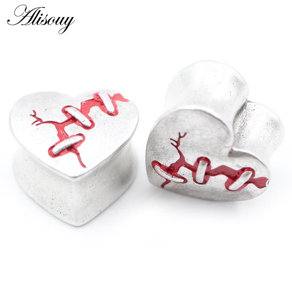 Alisouy 1PC Нержавеющая сталь Сердце Череп Глаз Красный циркон Ушные туннели Пробка Расширитель Растяжитель Измерители Серьги Пирсинг Украшения для тела