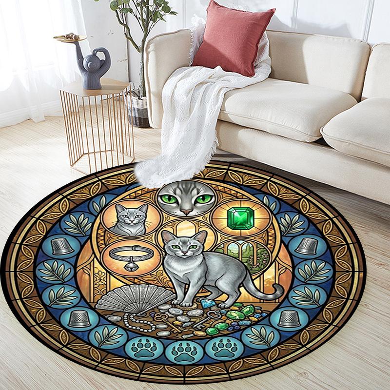 Cats Peacocks Elephants Gems Temple Glass Round Area Rug Under Office Chairs Bedroom Living Room Home Decor