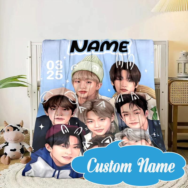 Custom Name K-pop stray Smile Blanket bed sofa Blanket Flannel Blanket for Camping, Hiking, Picnic Essentials,gift for Fan family