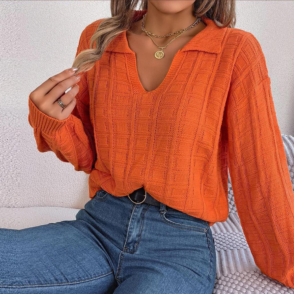 Женский осенне-зимний повседневный свитер-поло в клетку с длинным рукавом и вязаным свитером