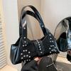 2025 New Personalized Street Punk Style Oil Wax Leather Underarm Bag Spice Girl Style Versatile Trendy Cool Rivet Shoulder Bag