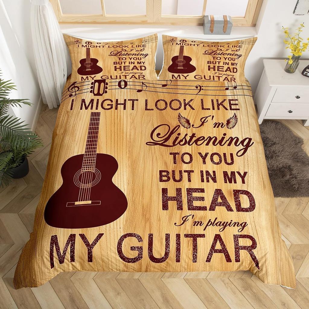 Guitar Duvet Cover Twin,Modern Music Themed Bedding Set Kids Cool Hip Pop Inspired Bed Cover,Musical Instrument Comforter Cover