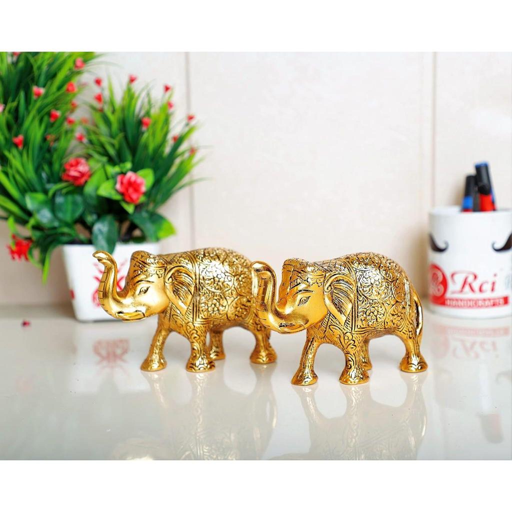 Metal Elephant Statue Small Size Gold Polish 2 Pcs Set for Your Home,Office Table Decorative & Gift