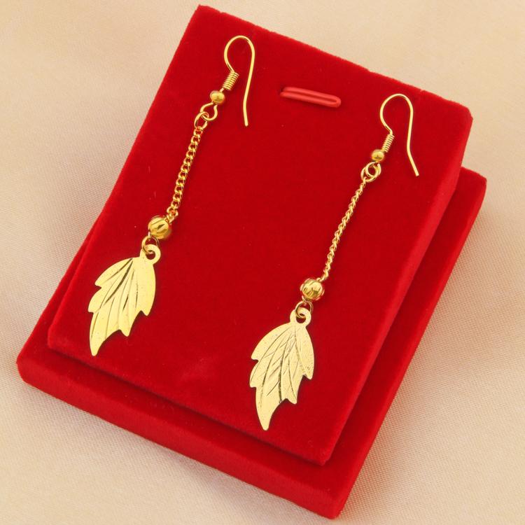 Cross-Border Hot Style Gold-Plated Brass 18K Korean Version Long Tassel Big Leaf Earrings Jewelry