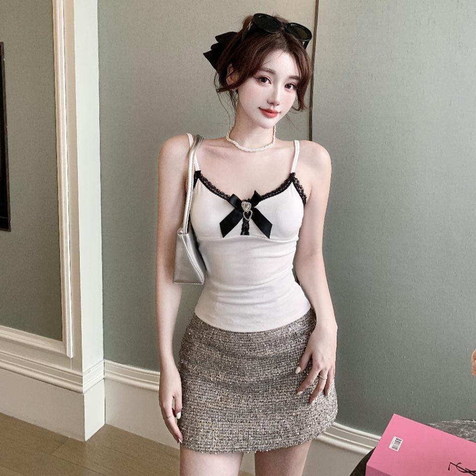 #Early autumn new sweet polished lace polka dot sling vest female slim and thin fixed belt chest pad