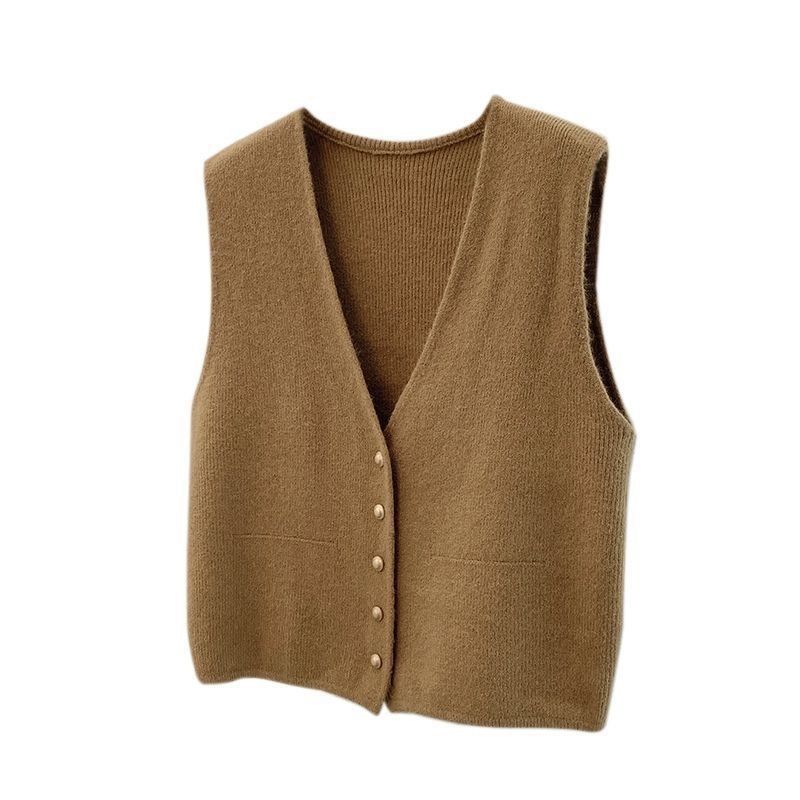 Women's Soft Knitted Vest Women Casual Button Deep V Neck Sleeveless Fall Cardigan Stylish Simple Tank Loose Knitwear Coats