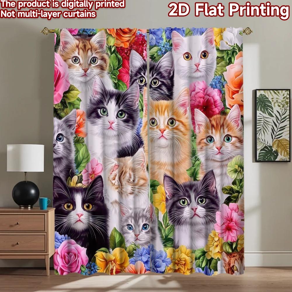 2D flat Photography Backdrop Tapestry Cute Kittens Among Flowers 100% Polyester Party Decorations for New Year celebration
