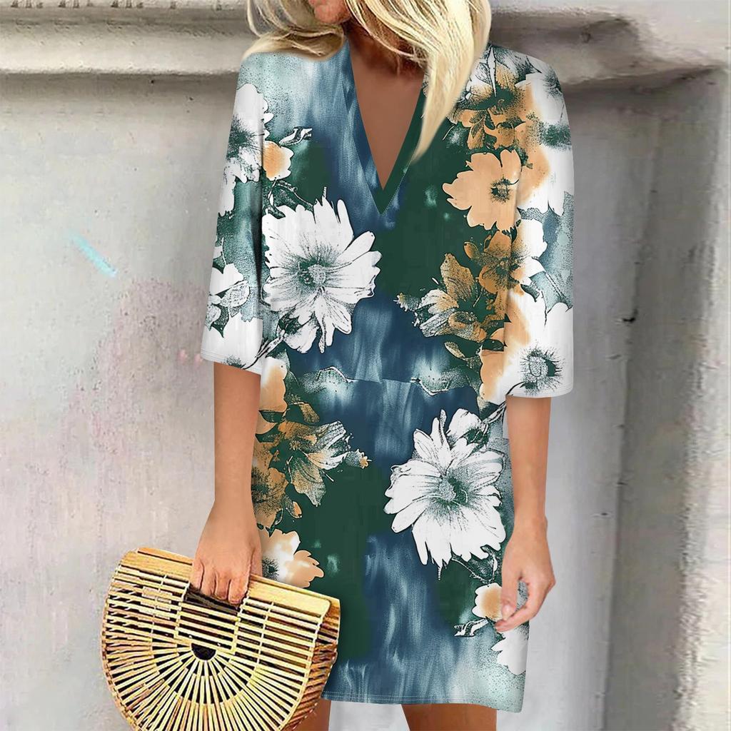 Summer Dresses For Women 2024 Fashion Casual Printed Loose V Neck 3/4 Sleeve Dress