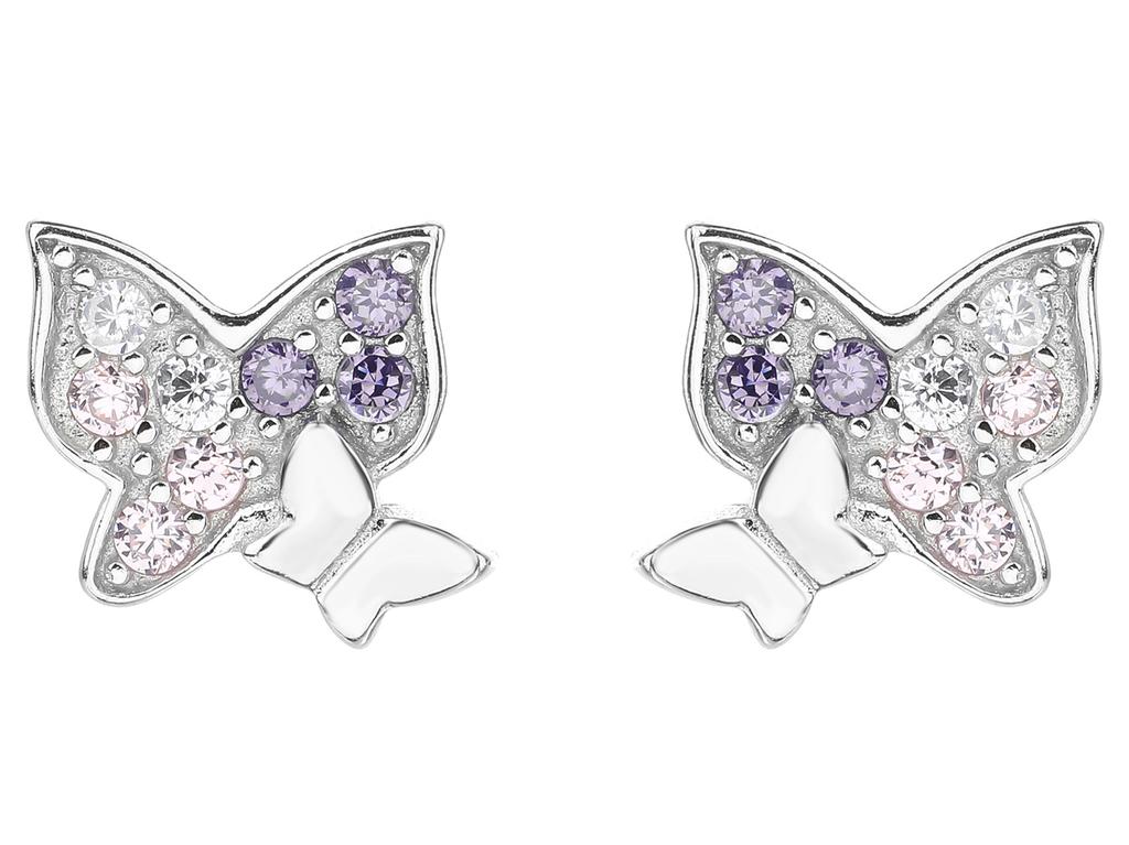 Silver Hoop Earrings with Cubic Zirconias, Flower Hoops, Butterflies, Rhodium-Plated Studs
