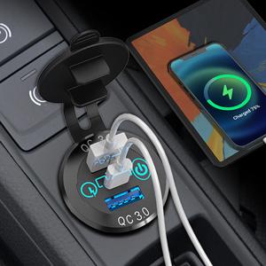 Автомобильное USB-гнездо Зарядное устройство Металлическое 60 Вт Автомобильное зарядное устройство 12 В 24 В USB-розетка PD USB-C и два порта QC3.0 Сенсорный переключатель для лодки Морское