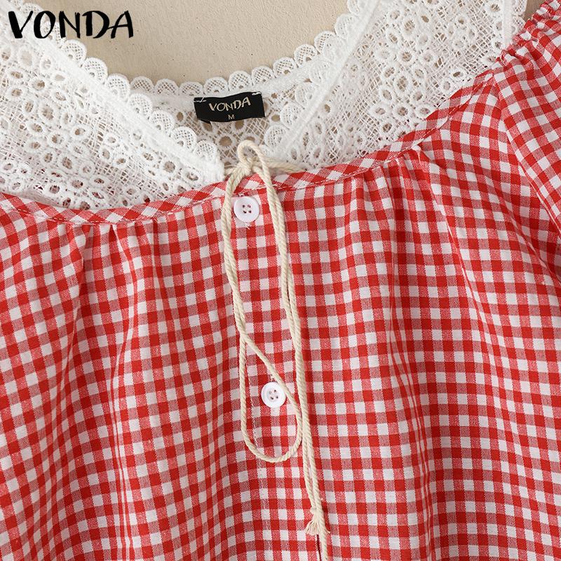 VONDA Женские летние топы с коротким рукавом и без бретелек, кружевные, в клетку, с принтом в стиле пэчворк