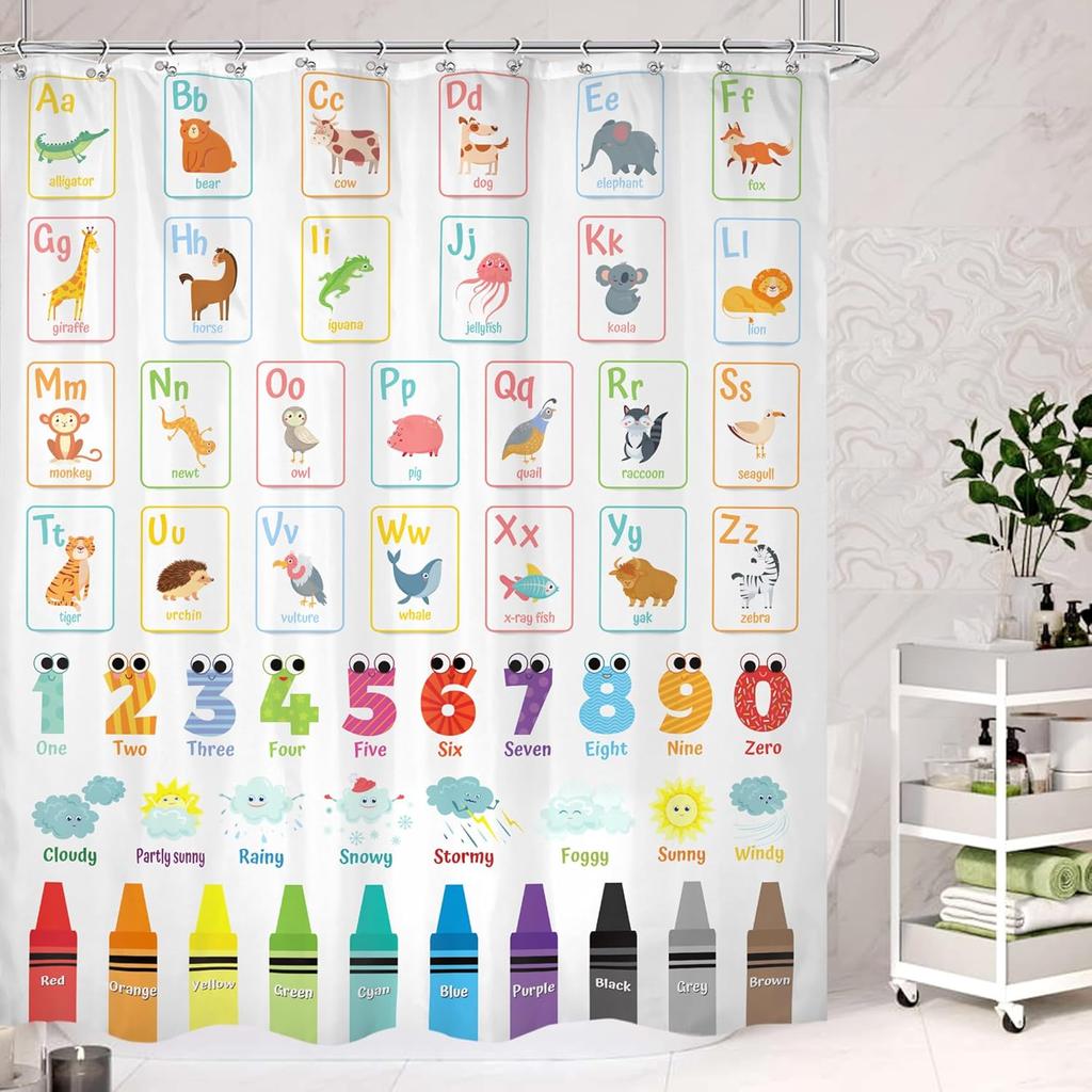 Kids Shower Curtain Cute Cartoon Alphabet ABC Sea Animal Blue Educational Ocean Bathroom Curtain Set Baby Boys Girls BathCurtain