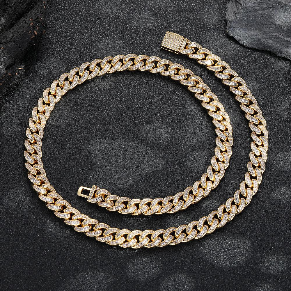 Flat Cuban Chain 11mm Oval String Ring Cuban Diamond Chain Full Diamond T Square Zircon Men's Bracelet Necklace Cuban