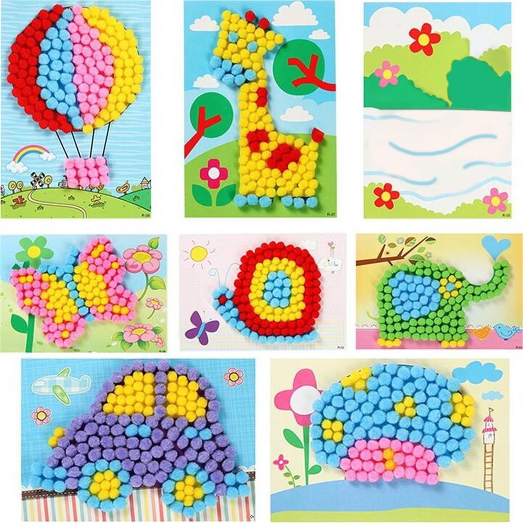 2 Pcs/Set Kids Plush Ball Painting Stickers Creative DIY Handmade Material Educational Toys Children Cartoon Puzzles Crafts Toy Random Color Pattern