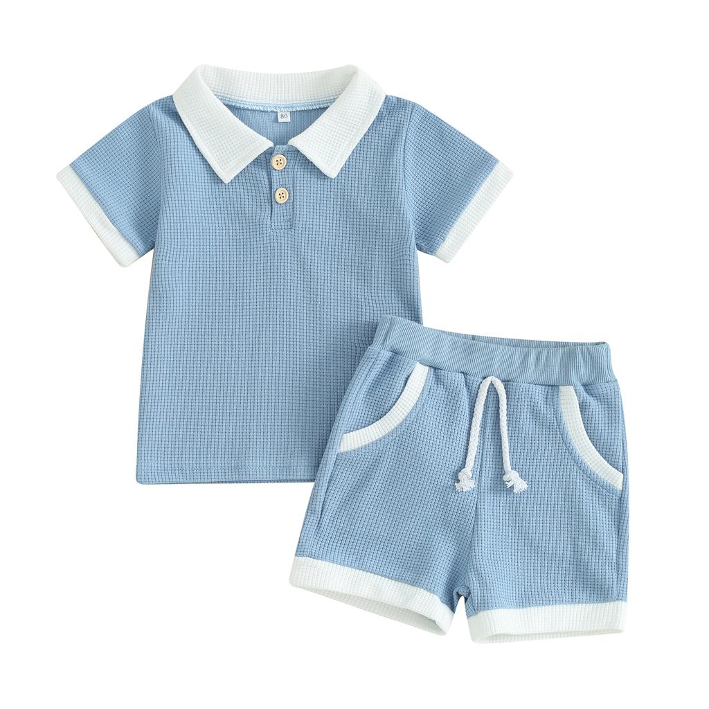 Toddler Boys Summer Outfits Contrast Color Buttons Short Sleeve T-Shirts Waffle Tops Elastic Waist Shorts 2Pcs Clothes Set