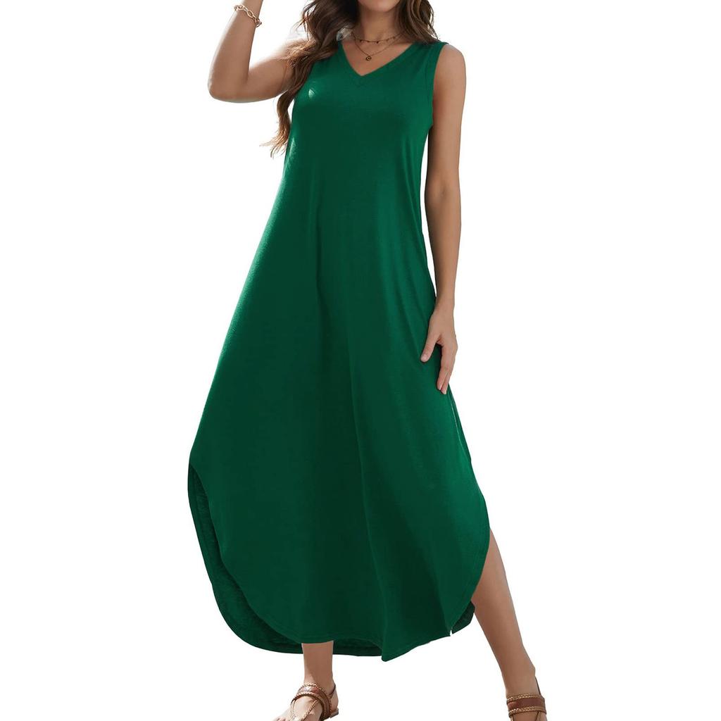Women's 2024 Summer Casual Loose Sundress Long Dress Solid Color Sleeveless V Neck Split Tshirt Maxi Dresses