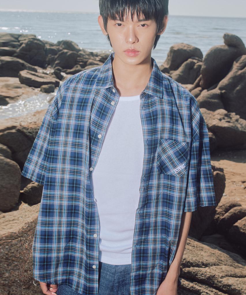 XTONZ Xts039 One Pocket Check Half Shirt (Blue)