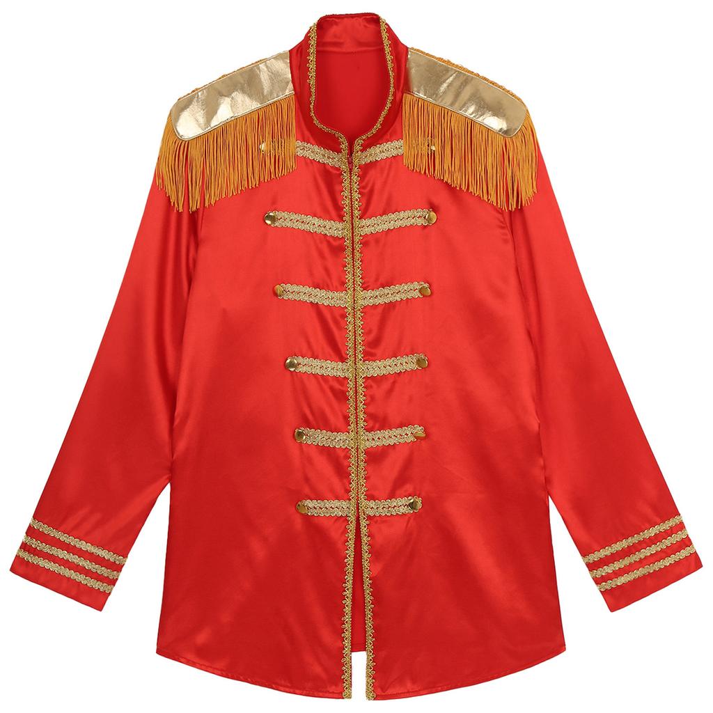 Womens Halloween Medieval Style Outerwear Tassel Shoulder Pads Gold Trim Front Zip Satin Jacket