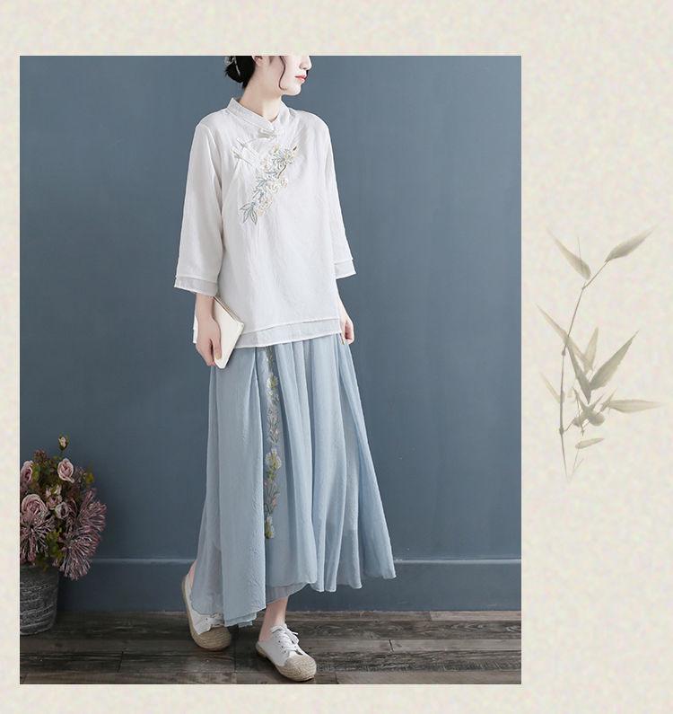 Женская ретро вышитая футболка с V-образным вырезом из хлопка и льна: Повседневный, Литературный Стиль для Коллекции Весна-Лето-Осень 2024