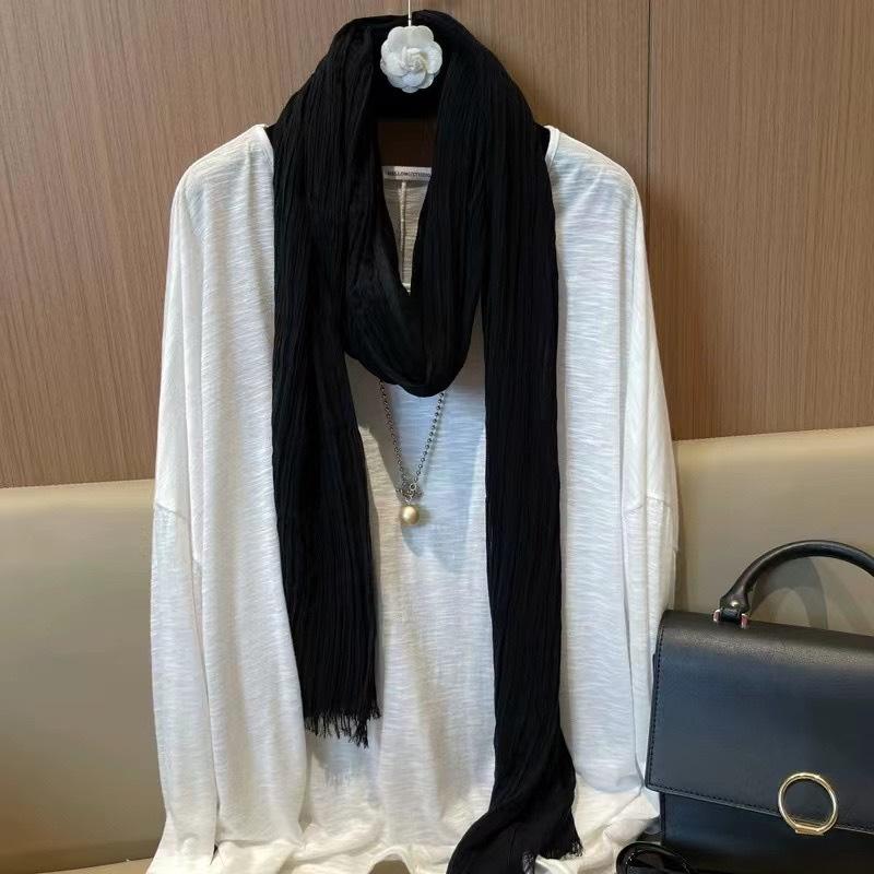 New Thin and Narrow Pleated Solid Color Autumn and Winter Versatile Neck Protection Scarf High-end Cotton and Linen Scarf with Shawl for Women