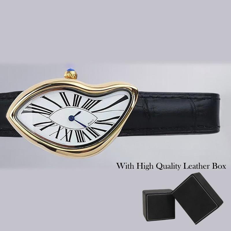Melting Distorted Quartz Watch Gold Tone Roman Dial Leather Band Daily Wear Unique Irregular Dress Wristwatch for Women