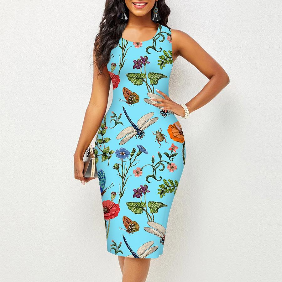 Женское платье Sling Summer Butterfly Dragonfly Flower Print Dresses Tight без рукавов Slim Fit Sexy Fashion Top Clothing