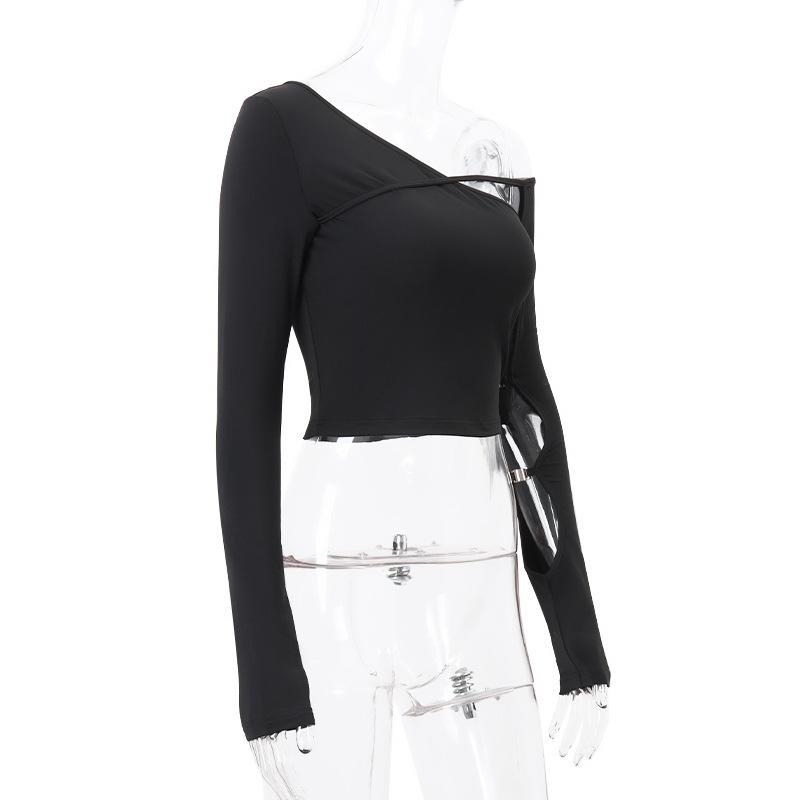 Готический гранж, новый модный дизайн, женские топы с диагональным воротником, тонкий пуловер, повседневная шикарная футболка с длинными рукавами, женская