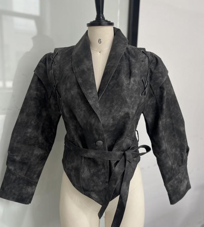 Women's Dark Brown Belted Faux Leather Trench Coat with Wide Lapel