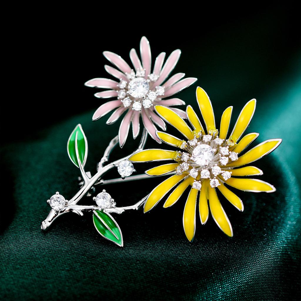 1 шт. Блестящая двухголовая брошь в виде подсолнуха для женственных нейтральных растительных булавок, доступных для повседневных аксессуаров для вечеринок, подарков